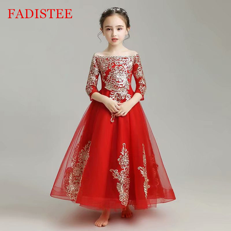 FADISTEE Lace Girl dress Flower Girl Dresses lace Baby Girl Infant Dress Kids Formal Wear girls dress Red Floor-length