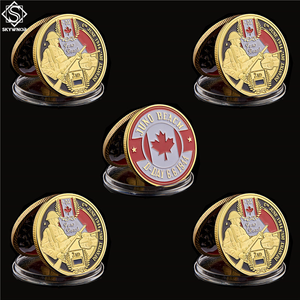 5pcs D-Day Normandy Juno Beach Military Craft Canadian 2rd Infantry Division Gold Plated Memorial Challenge Coin Collectibles
