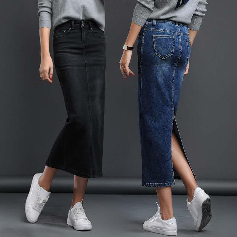 Classic Denim Womens Skirt Woman Long Jeans Split High Waist Skirts Women Washed Jupe Femme Black Blue