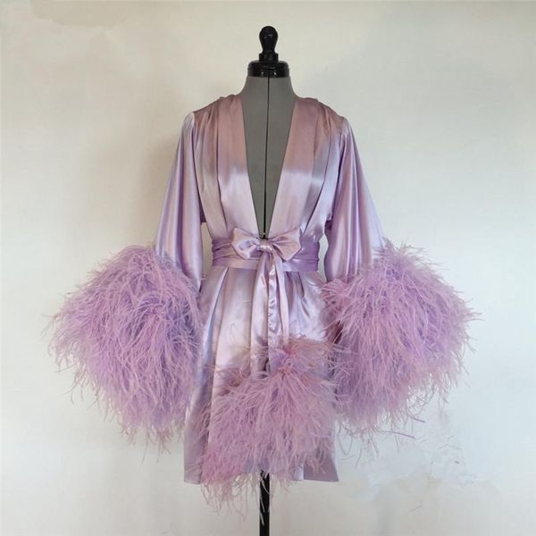 Purple Short Women Cloak Feather Bride Sleepwear Robes 2020 Custom Made Long Sleeves Dressing Gown Women Robe Wedding Wraps Jacket Dresses