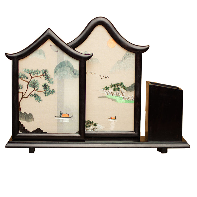 Chinese Gift Items for Home Decoration Ornaments Office Desk Accessories Decor Pen Case Silk Hand Embroidery Works with Ebony Wood Frame