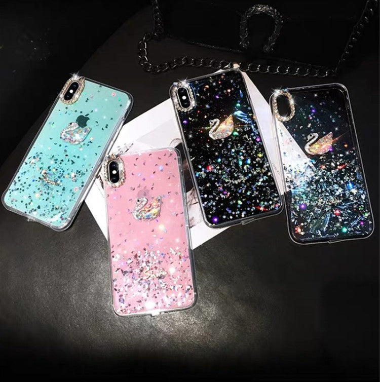 New IPhone12pro Case Fashion Glitter Silver Foil Rhinestone Swan Suitable for 8plus Mobile Phone Case Iphone 12 Soft MAX Transparent Case-