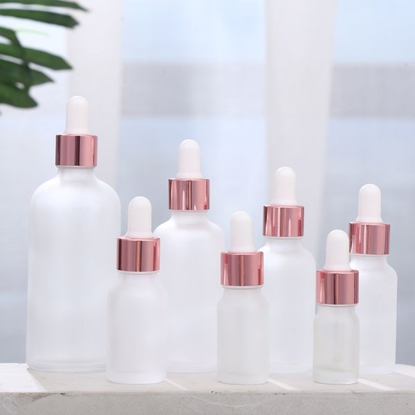 Clear Frosted Glass Essential Oil Perfume Bottle Liquid Reagent Pipette Dropper Bottle with Rose Gold Cap 5ml-10ml-15ml-20ml-30ml-50ml-100ml