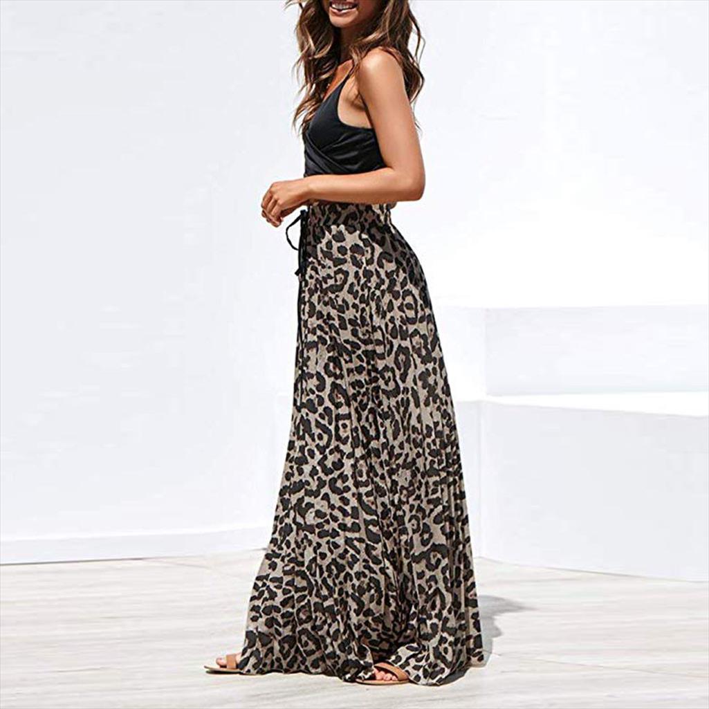 Women Skirt Leopard Print Drawstring Pleated High Waisted Long Bohemian Skirts Womens Jupe Femme Faldas Mujer Moda