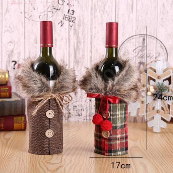 Creative New Wine Cover with Bow Plaid Linen Bottle Clothes with Fluff Creative Wine Bottle Cover Fashion Christmas Decoration DHL Ship