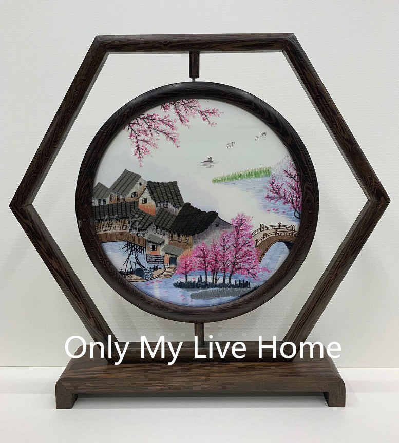 Chinese Wedding Gift Crafts Decor Home Decorations Office Desk Accessories Ornaments Hand Silk Embroidery Patterns with Wenge Wooden Frame