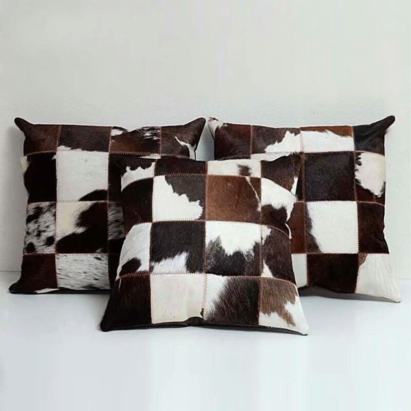 Single side genuine cowhide skin fur pillow cushion , black and white handmade real cow leather pillow for furniture upholstery