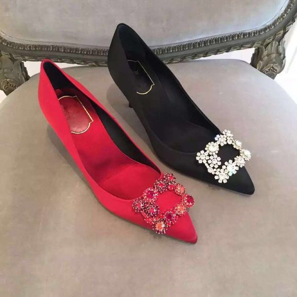 luxury- 2025 single shoes bridesmaid of wedding shoes diamonds square pointed high heels thin heels and shallow silk