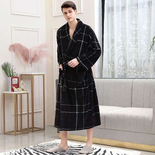 Men Long Warm Winter Flannel Kimono Bathrobe 40-130KG Coral Fleece Plus Size Bath Robe Cozy Night Dressing Gown Women Sleepwear 201109