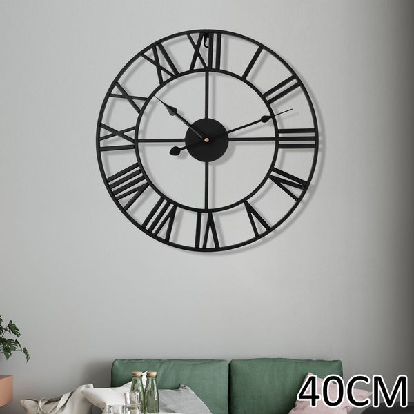 40cm Large Outdoor Garden Wall Clock Nordic Metal Roman Numeral Wall Clocks Retro Iron Round Face Black Home Office Decoration LJ201204