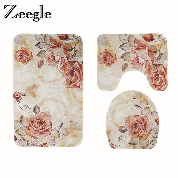 Europe Floral Bath Mat Bathroom Shower Room Toilet Rugs Bathroom Foot Mat Non-slip Bath Carpet Rugs Absorbent Bathroom Rug Set 201116