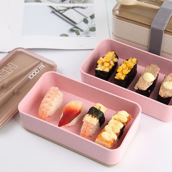 1000ml Protable Lunch Box Double Layer Wheat Straw Bento Boxes Microwave Dinnerware Food Storage Container Lunchbox Y200429
