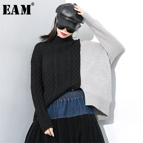 EAM Contrast Color Big Size Knitting Sweater Loose Fit Round Neck Long Sleeve Women Fashion Spring Autumn 1M028 201223