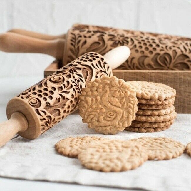 Christmas Wooden Rolling Pin 3D Carved Embossing Roller for DIY Cookies Biscuit Mixed Patterns
