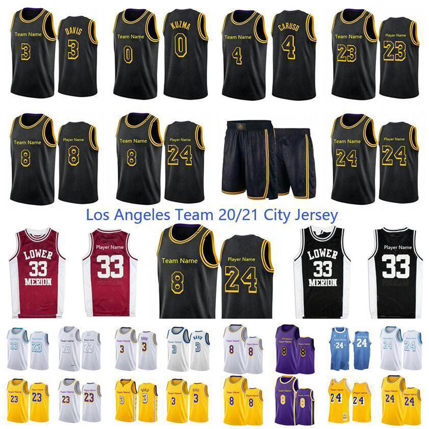 New 20-21 Los city Angeles Lower Merion 33 player Anthony 3 Davis 23 Player 14 Gassol 4 Caruso 0 Kuzma Black Mamba Youth basketball Jersey