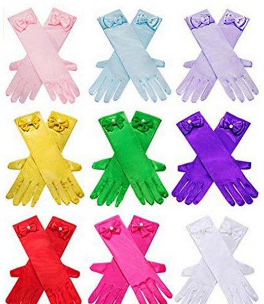 16 Color Satin Bowknot Long Glove for 3-8T Kids Flower Girls Princess Cosplay Kids Glitter Gloves Shining Powder Coronation Gloves