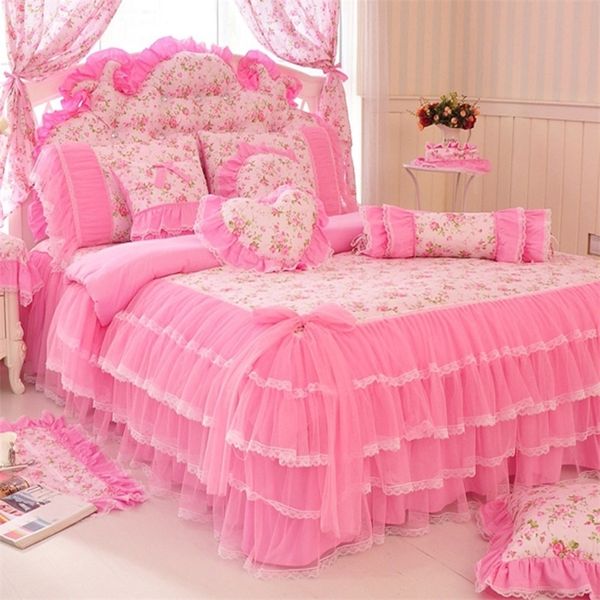 Korean style pink Lace bedspread bedding set king queen 4pcs princess duvet cover bed skirts bedclothes cotton home textile 201210