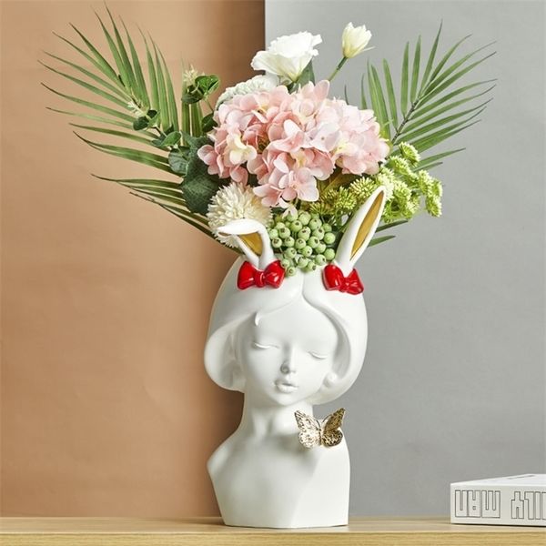 Resin Antlers Girl Small Vase Simple Style Human Face Vase Decoration Living Room Bedroom Flower Arrangement Dried Flower Home LJ201208