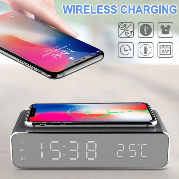 Electronic LED Alarm Clock Digital Thermometer Clock Mobile Phone Wireless Charger Multi-function Mirror Alarm Clock LJ201204
