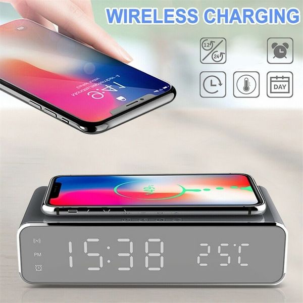 Electric LED Alarm Clock With Phone Wireless Charger Desktop Digital Thermometer Clock HD Mirror Clock With Date 12-24 h Switch LJ201211