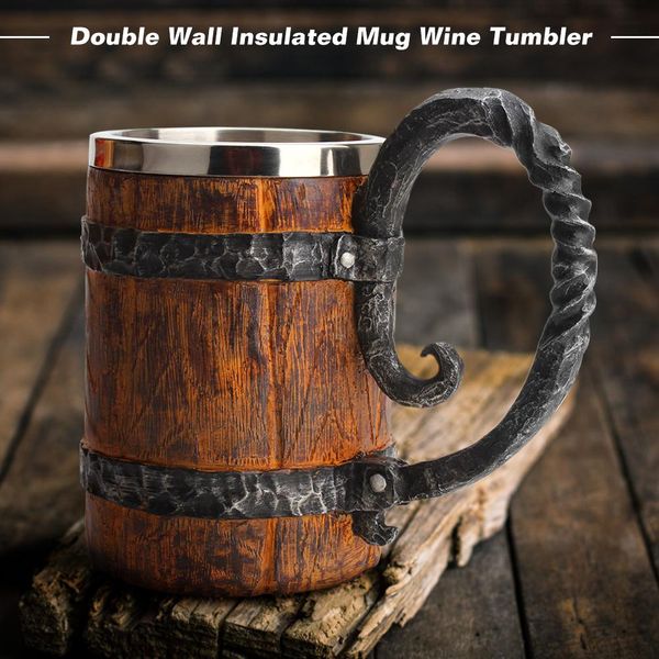 Simulation Wood Style Beer Mug as Christmas Gift Big Drinking Mug Barrel Beer Cup Double Wall Metal Insulated