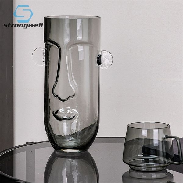 Stongwell Nordic 3D Face Hydroponics Glass Vase Modern Art Wedding Display Gray Flower Vase Home Decoration Living Room Gift LJ201209