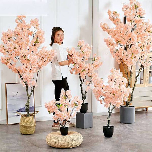 2M(6.6FT) Height Pink Color Artificial Flower Cherry Blossom Tree With Vase Set For Home Living Room Table Potted Plants DIY Wedding Decorat