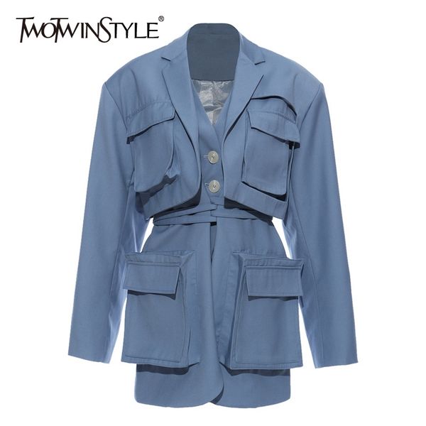 TWOTWINSTYLE Casual Women Blazer Notched Collar Long Sleeve High Waist Lace Up Patchwork Pockets Suit Female Fashion Clothes New 201023