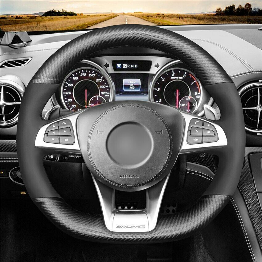 Black Matte PU Carbon Fiber Suede Steering Wheel Covers for Benz A45 S 43 63 CLA