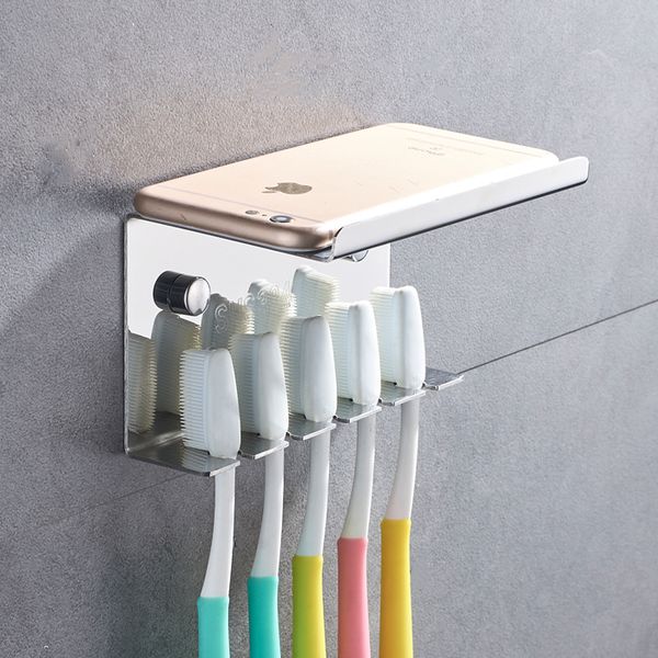 Stainless Steel 5 Slots Toothbrush Holder Toilet Supplies Wall Mount Household or Self Adhesive Storage Rack Hotel LJ201128
