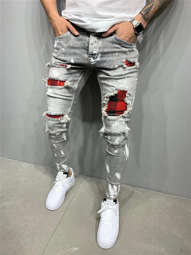 Men jeans Slim-Fit Ripped Pants Patchwork Plaid Paint Washed Jeans Streetwear Hip Hop Hole Pant Trousers