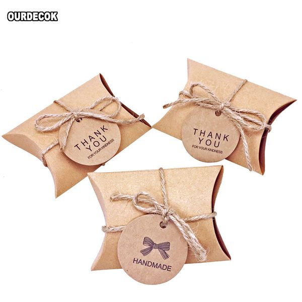 100 pcs-Lot Cute Kraft Paper Pillow Candy Box Wedding Favors Gift Candy Boxes With Tags Home Party Birthday Supply T200115