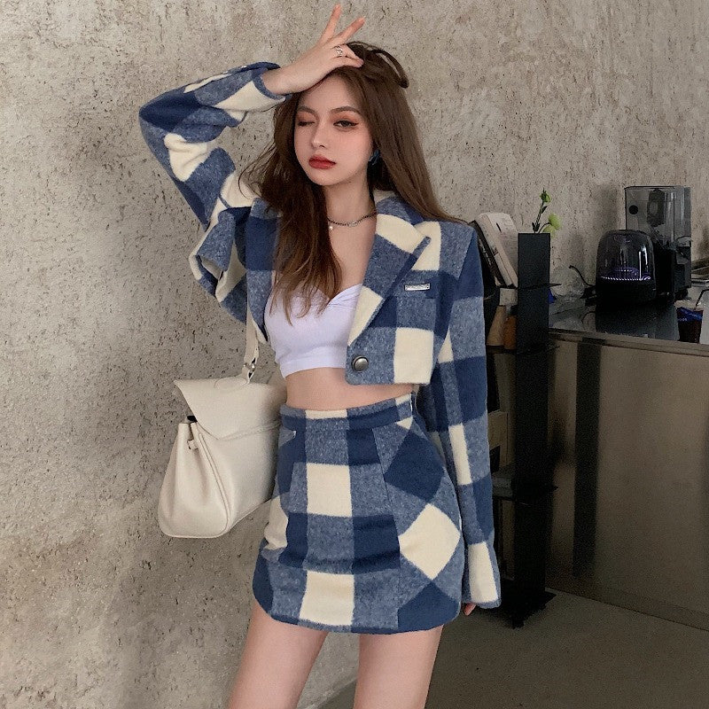 2021 New Feminine 2 Pieces Define Vintage Short Chess Blazer Suits Stylish Korean Style Jacket%miniskirt Defines Two Pcs Wool Suit YD4J