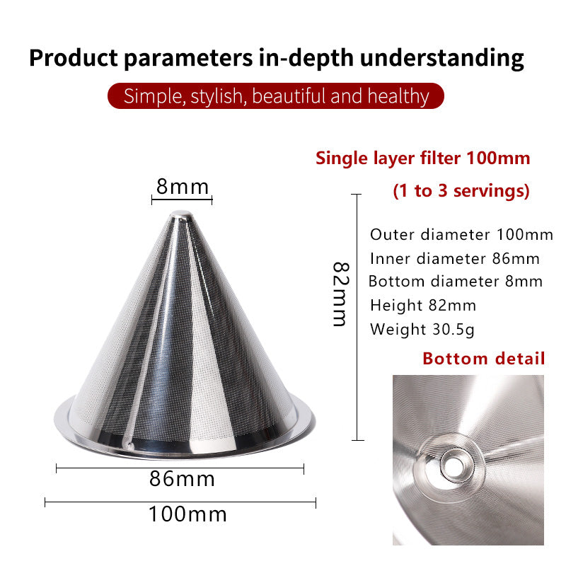Conical stainless steel dripper double-layer mesh filter basket household kitchen tools 110cm plus rack coffee net