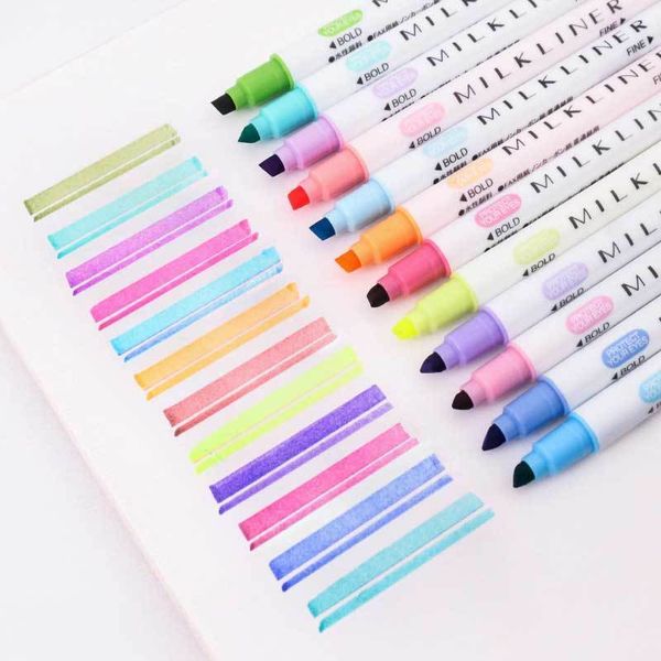 12 Colors-set Cute Japanese Stationery Milk Liner Double Headed Fluorescent Pen MilkLiner Highlighter Pen Drawing Marker Pens 201102