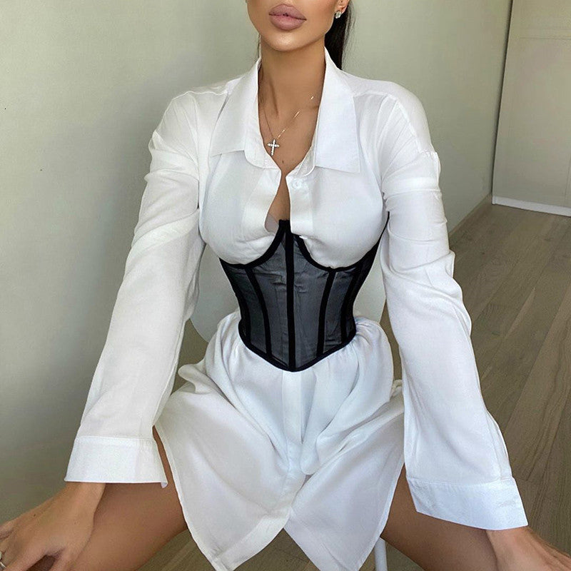 New 2021 Women Dresses Autumn Spring Loose Casual High Waist Straight Long Shirt Dress Solid Single Breasted Button Mini Dresses YLAL