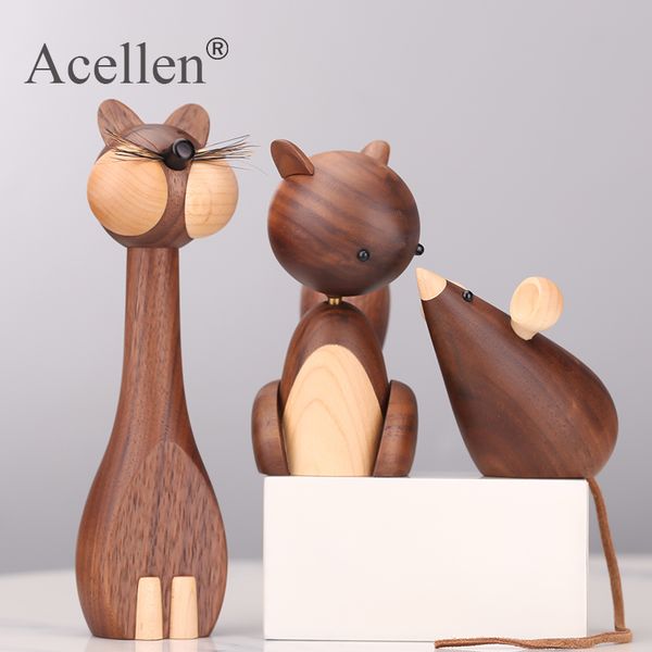 Handmade Wooden miniature Denmark figurines Animals Lucky Cat Rat Home Office Desk Table Decor Art Ornament Gifts for Christmas T200703