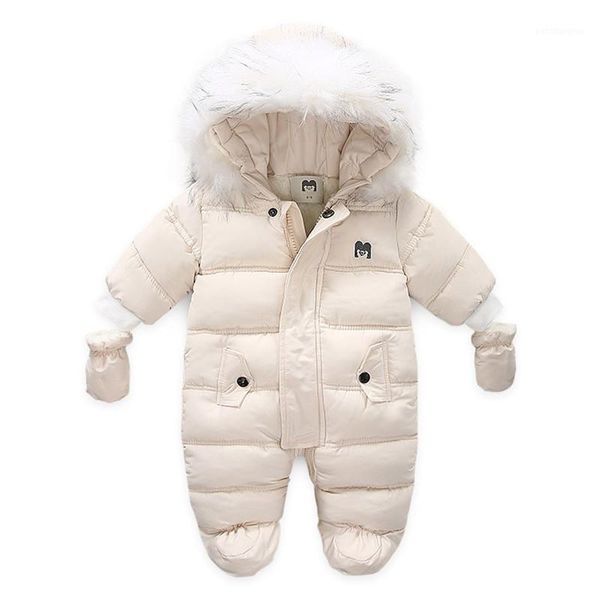 Down Coat Children Winter Jumpsuit Fur Hood Baby Girl Boy Snowsuit Russian Infant Outerwear Ovealls Thick Rompers With Gloves