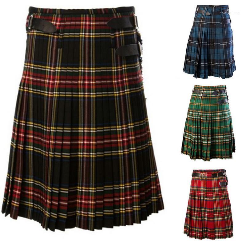 Casual Pleated Scottish Kilts Mens Fashion Pants Cargo Personality Trousers Plaids Pattern Loose Half Skirts Male1