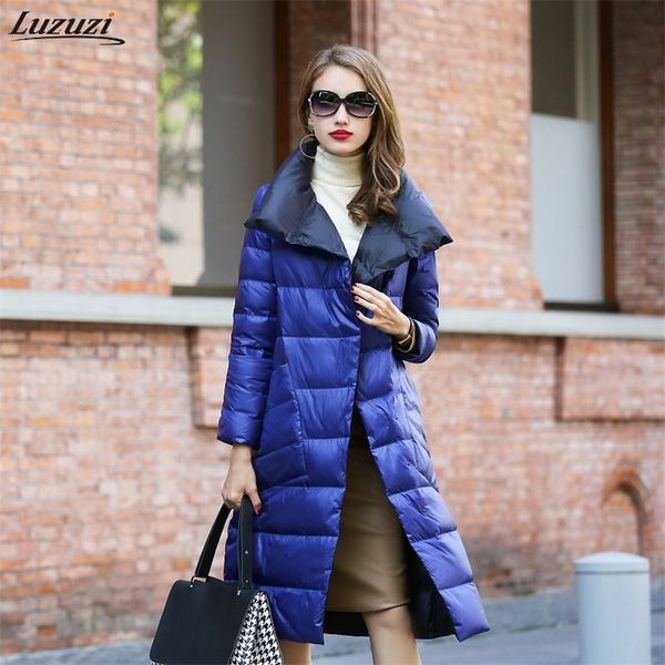 Luzuzi Women Double Sided Down Long Jacket Winter Turtleneck White Duck Down Coat Double Breasted Warm Parkas Female Outerwear 201119