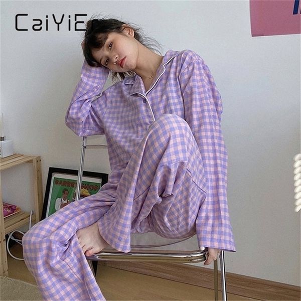 CAIYIER Korean Purple Grid Girls Pajamas Set Cute Winter Long Sleeve Leisure Sleepwear For Women Loose Nightwear Homewear Suit 201113