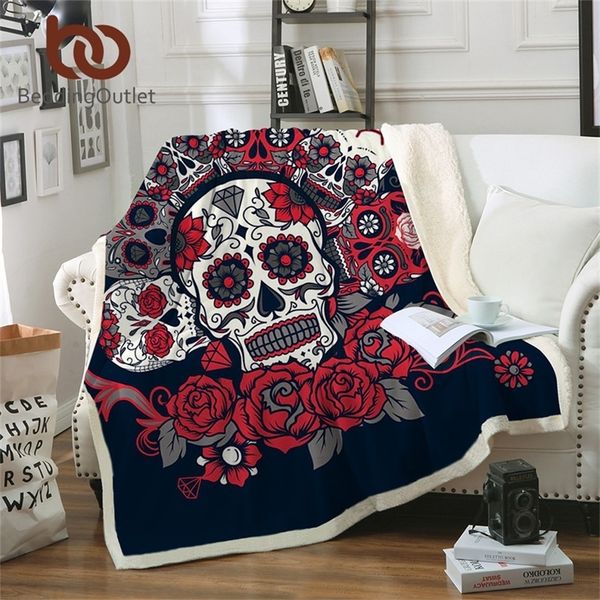 BeddingOutlet Sugar Skull Blanket Roses Microfiber Sherpa Sofa Throw Blanket Floral Printed Red Gothic Bedding mantas para cama 201222