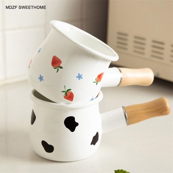MDZF SWEETHOME 500ml Enamel Milk Pot With Wooden Handle Gas Stove Induction Cooke Baby Breakfast Milk Coffee Saucepan Cookware 201223