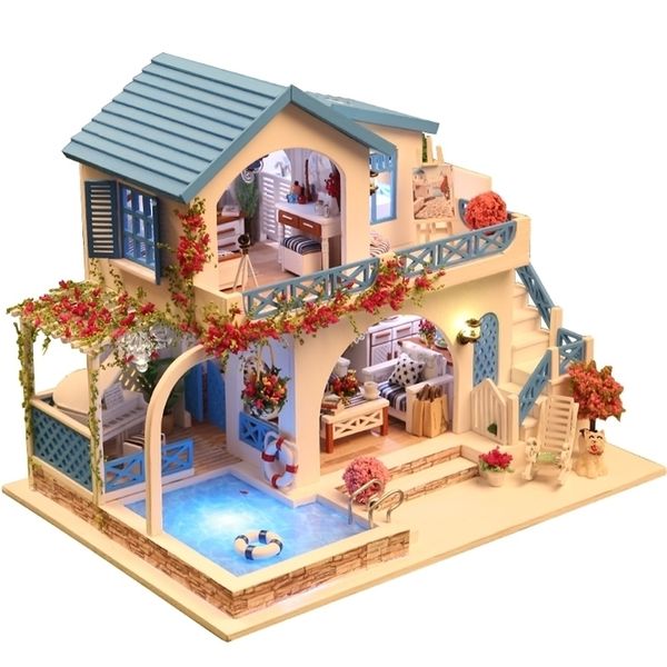 10 Kinds DIY House with Furniture Children Adult Miniature Wooden DollHouse Construction Model Building Kits Doll house Toy LJ200909