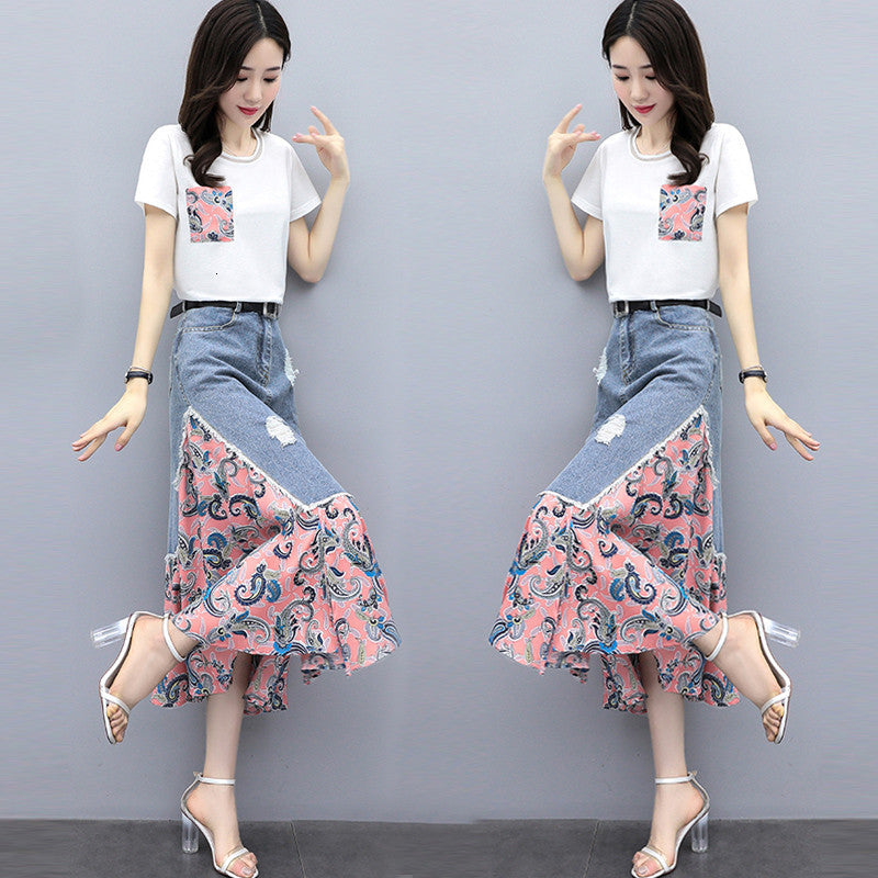 2021 New Summer Fashion Women&#039;s Chic Short Sleeve Cotton Tshirt +irregular Denim Skirts 2 Piece Suit Lady Jeans Skirt Sets Hnfz