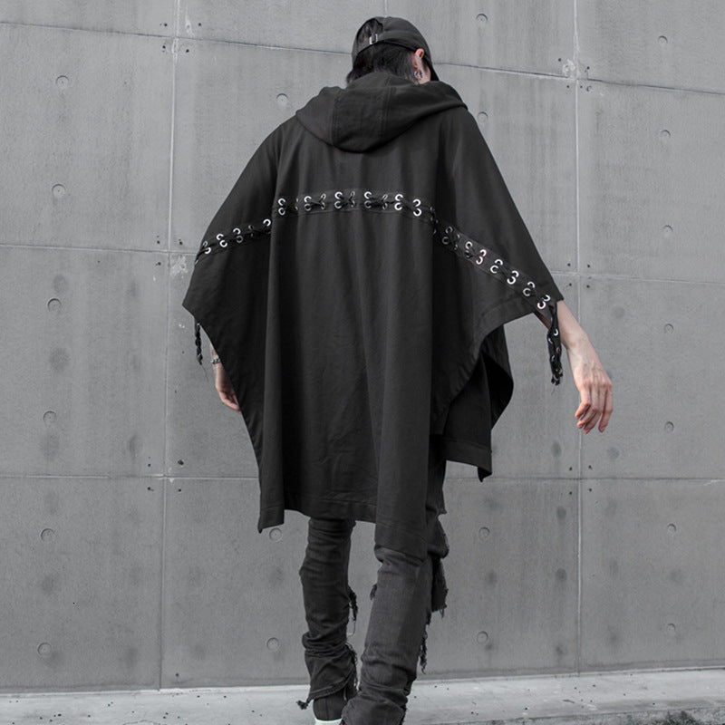 2021 New Men Ribbon Splice Hooded Shawl Jacket Cardigan Male Women Hip Hop Streetwear Punk Gothic Outerwear Coat Cloak Stage Clothing Ae8v