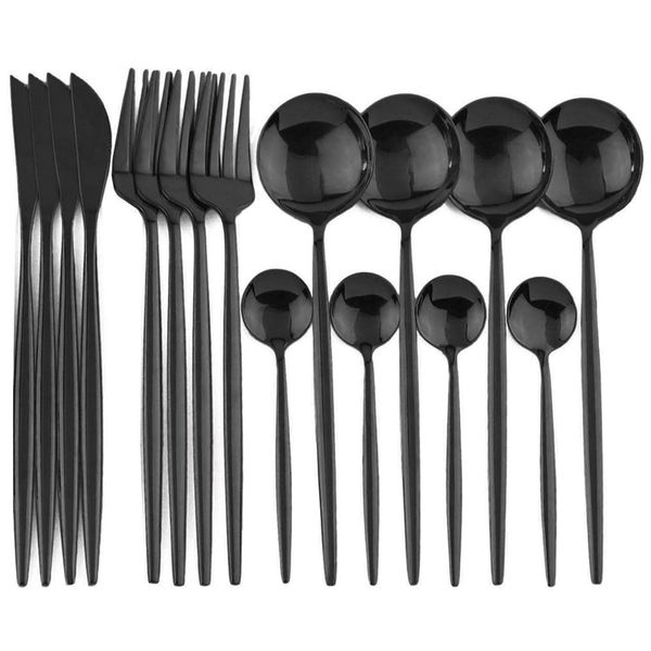 16Pcs Black Cutlery 18-10 Stainless Steel Dinnerware Kitchen Gold Tableware Knife Fork Spoon Dinner Set Gift Box 201019