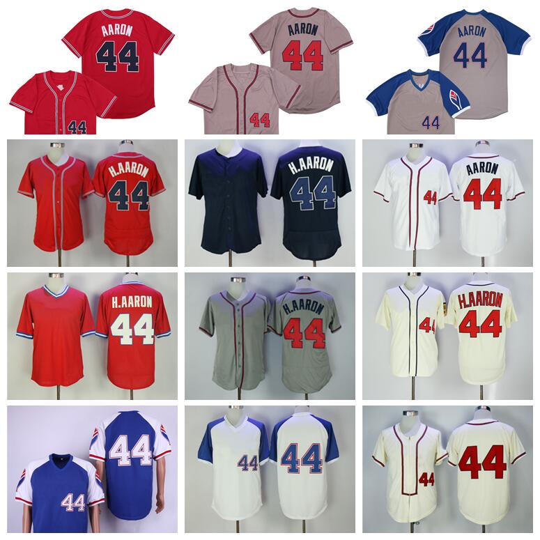 Men Retire 1957 1963 1974 1980 Vintage 44 Hank Aaron Baseball Jersey Pullover Flexbase Cool Base Red White Retro Blue Beige Grey Stitched