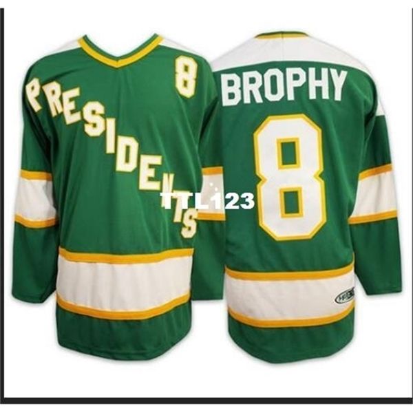 Real Men real Full embroidery #8 BROPHY SlapShot movie Hyannisport PRESIDENTS Hockey Jersey or custom any name or number Jersey