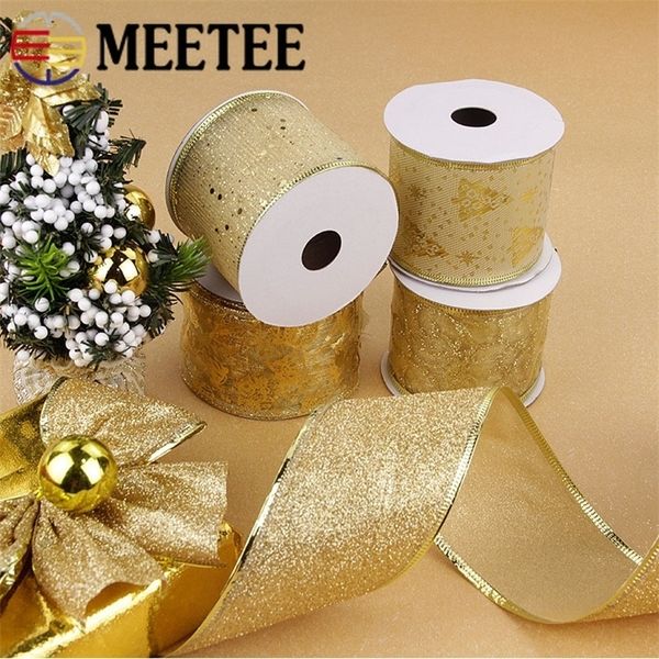 Meetee 5yards 5-6cm Gold Wire Christmas Tree Ribbon Trim Dusting DIY Party Decoration Package Festival Gift Webbing RC163 Y201020